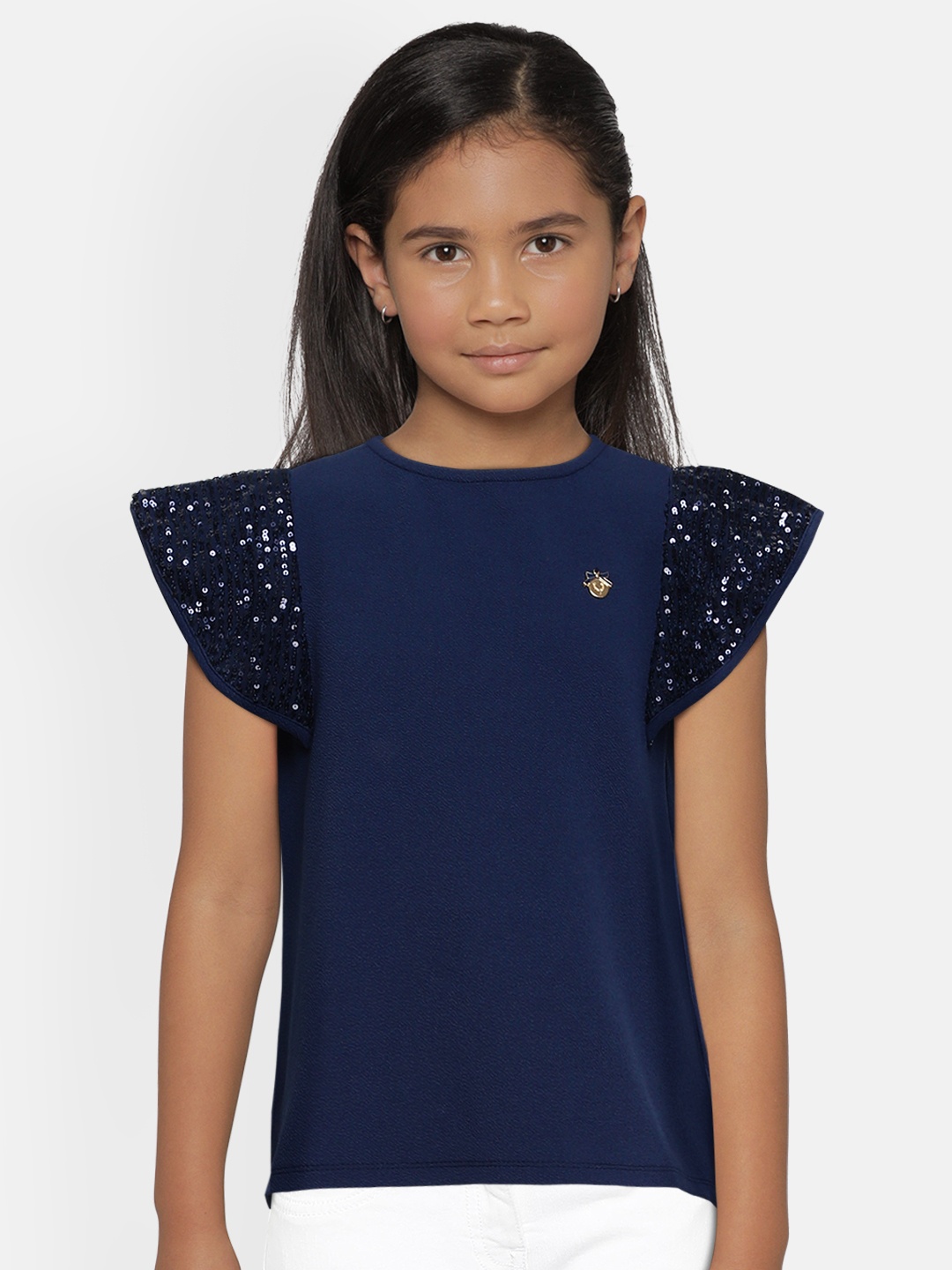 

Allen Solly Junior Navy Blue Solid Regular Top with Sequined Sleeves