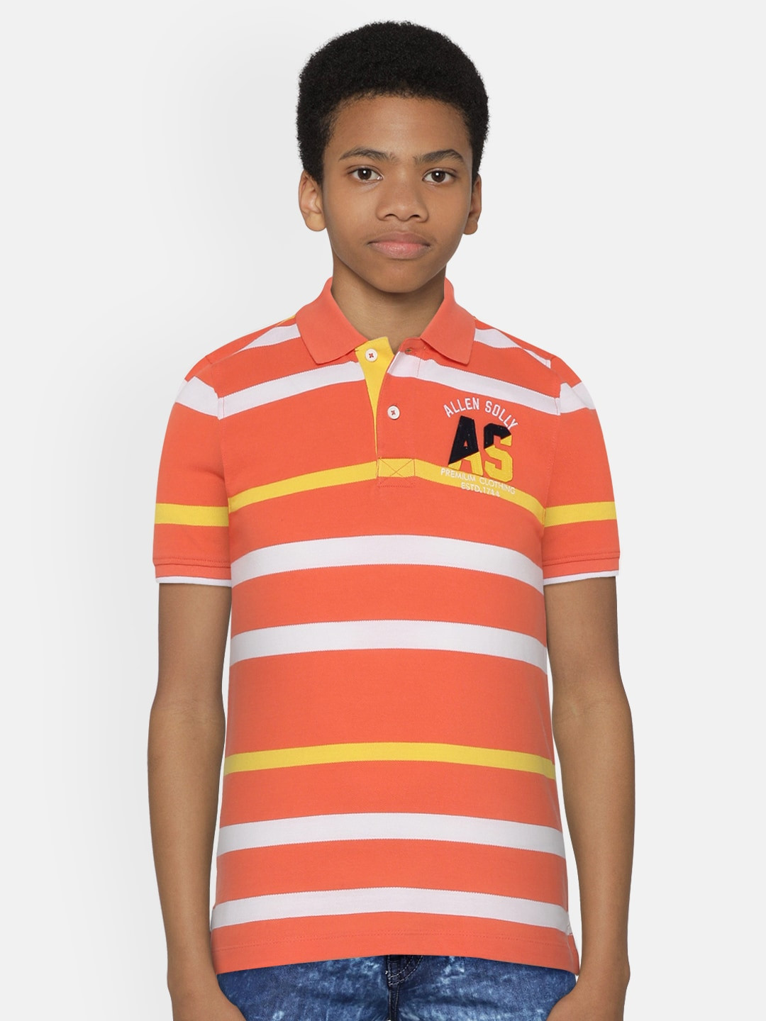 

Allen Solly Junior Boys Coral Orange White Striped Polo Collar Pure Cotton T-shirt