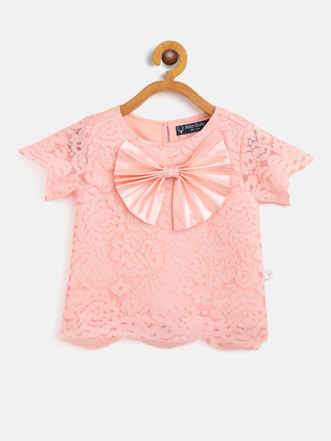 

Allen Solly Junior Girls Peach-Coloured Floral Lace Regular Top with Bow Detail