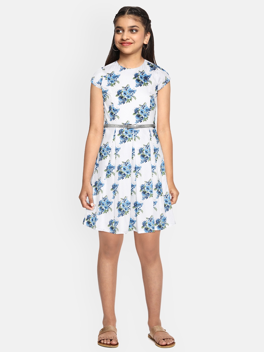

Allen Solly Junior Girls White & Blue Floral Print Cotton Fit & Flare Dress with Belt
