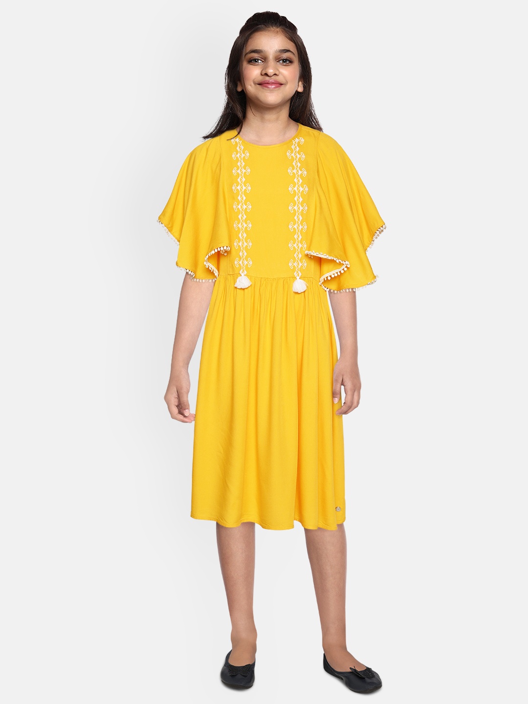 

Allen Solly Junior Girls Yellow & White Yoke Embroidered A-Line Dress