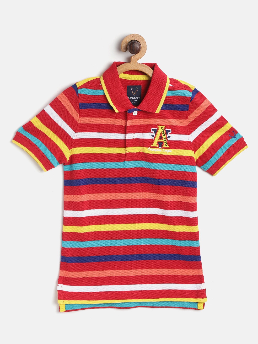 

Allen Solly Junior Boys Multicoloured Striped Polo Collar Pure Cotton T-shirt, Multi