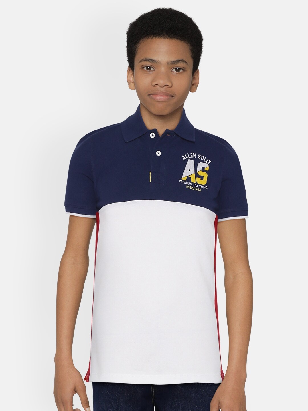 

Allen Solly Junior Boys White & Navy Blue Colourblocked Polo Collar T-shirt