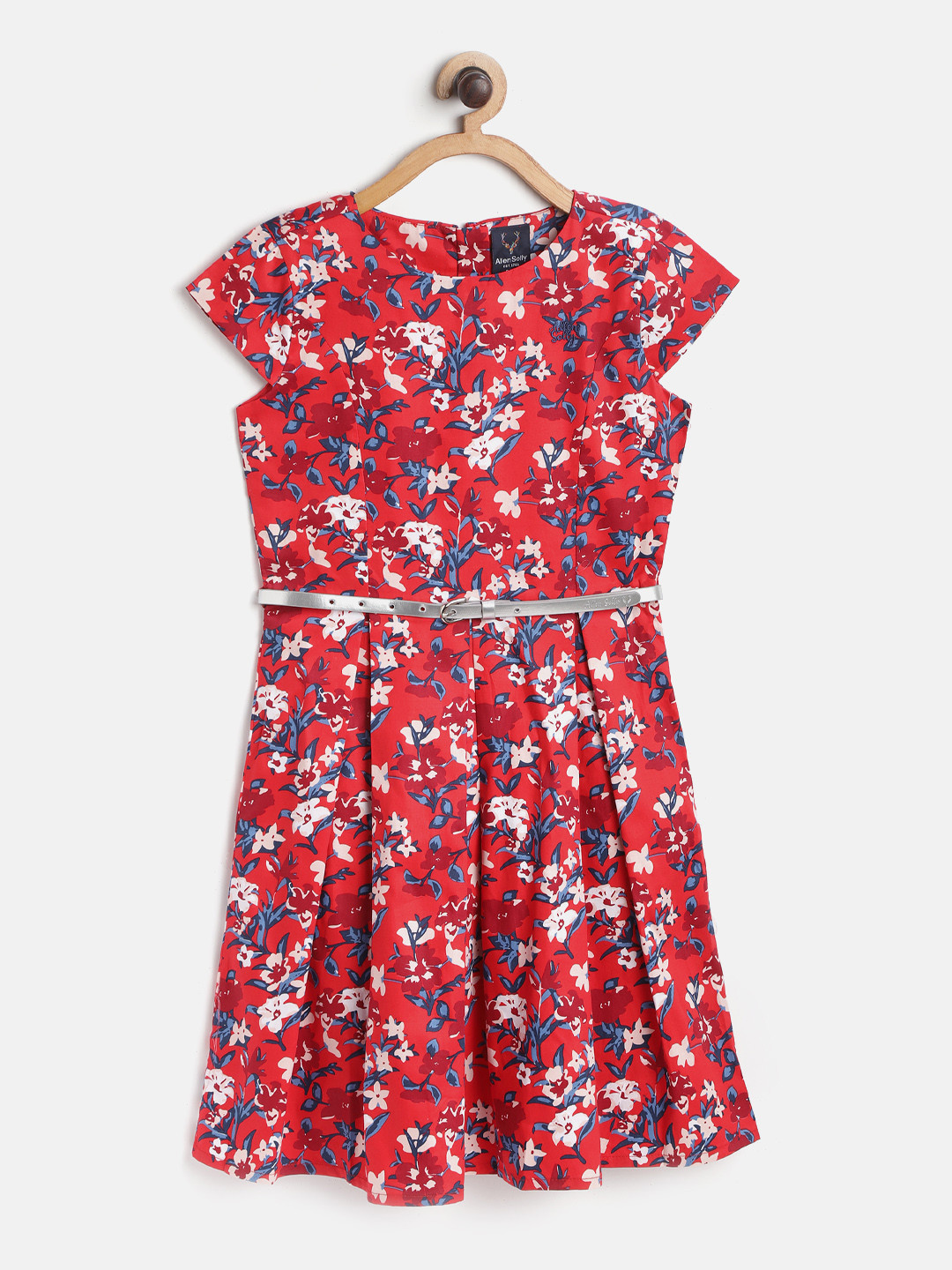 

Allen Solly Junior Girls Red & Blue Floral Print Cotton Fit & Flare Dress with Belt