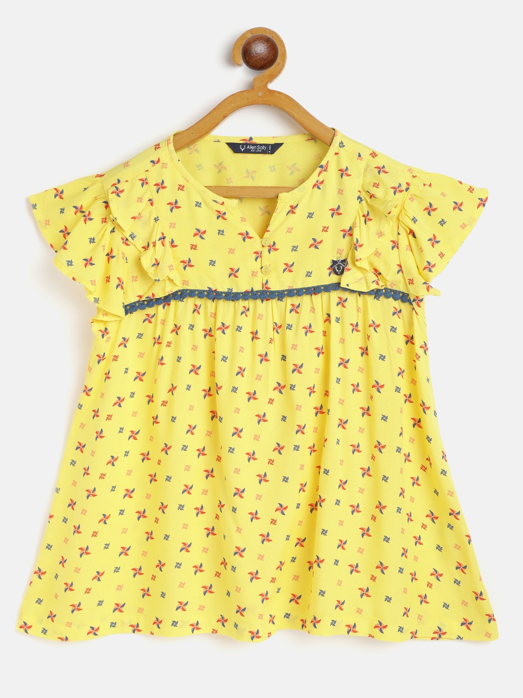

Allen Solly Junior Yellow & Red Fan Print A-Line Top with Gathers & Lace Inserts