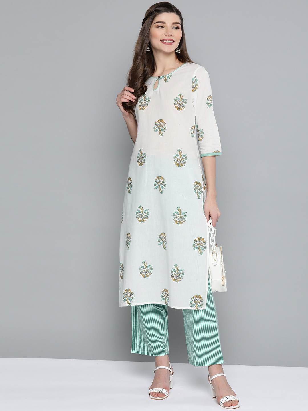 

HERE&NOW Women White & Green Pure Cotton Printed Kurta with Palazzos