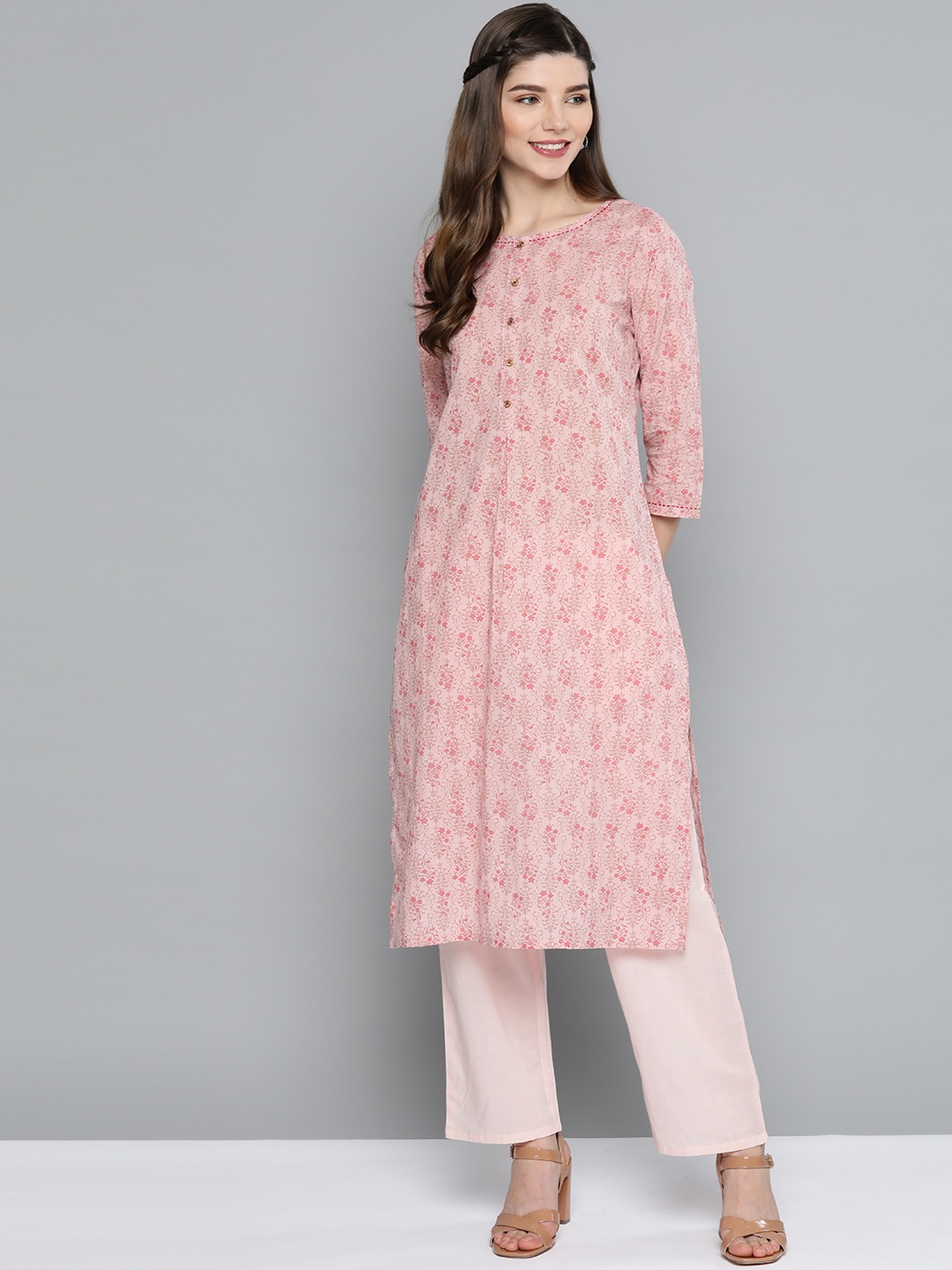 

HERE&NOW Women Pink Pure Cotton Printed Kurta with Palazzos