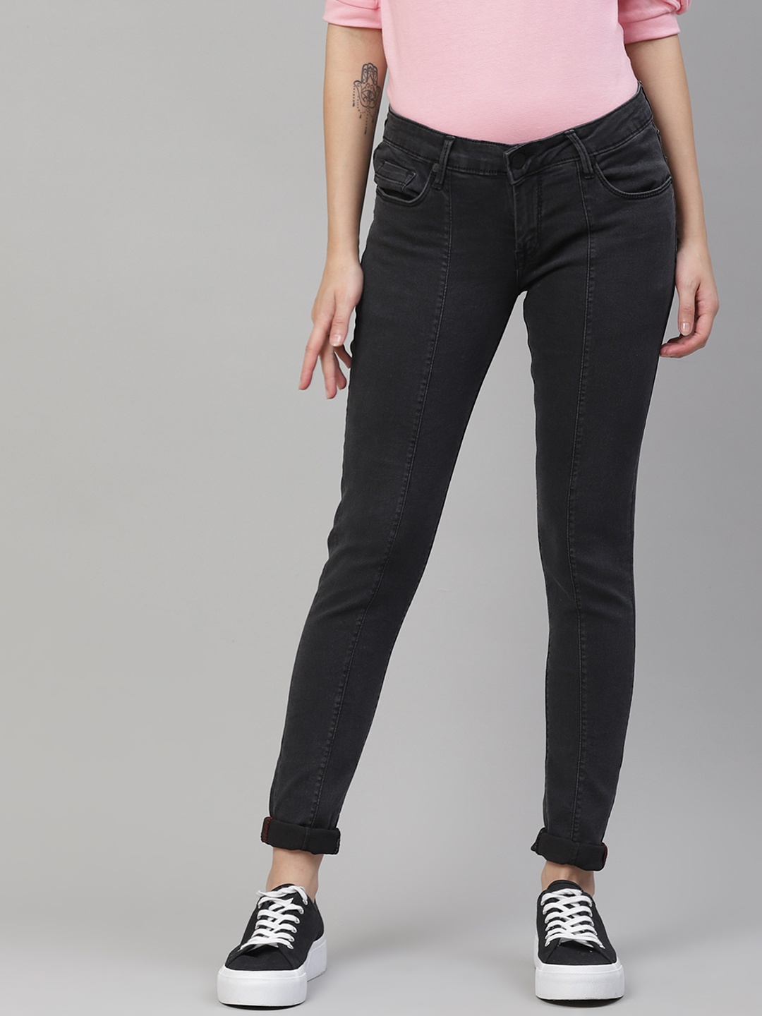 

HERE&NOW Women Charcoal Grey Regular Fit Clean Look Stretchable Jeans