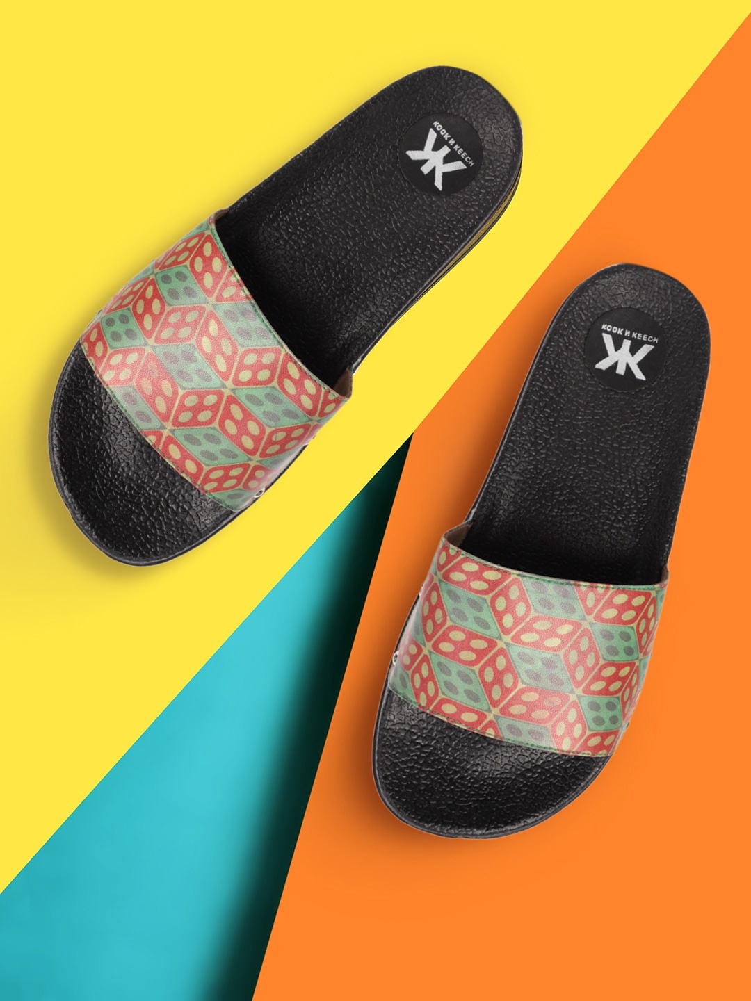 

Kook N Keech Women Green & Orange Geometric Print Sliders