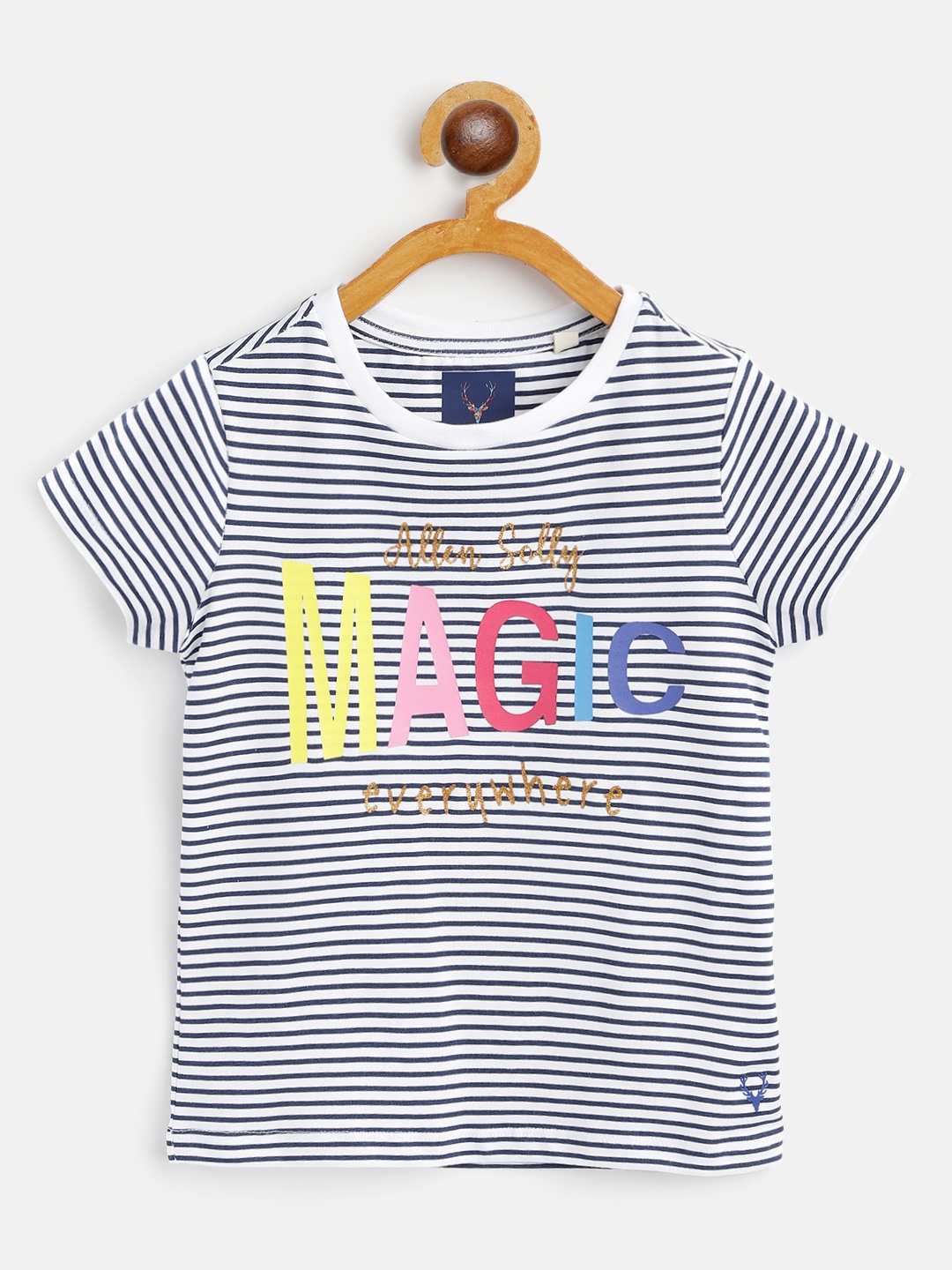 

Allen Solly Junior Girls Navy Blue & White Striped Cotton Pure Cotton T-shirt