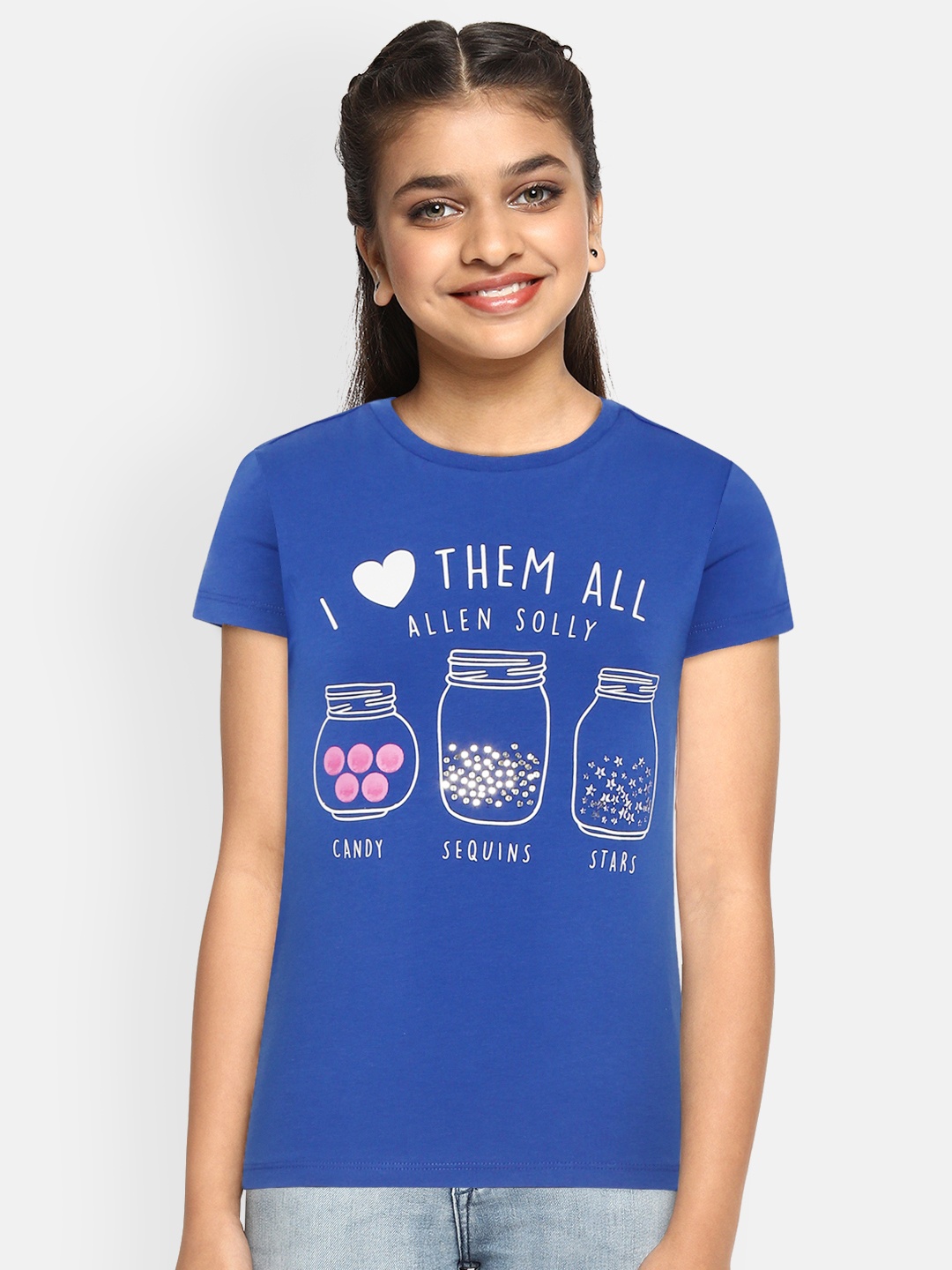 

Allen Solly Junior Girls Blue & White Typography Print & Sequinned T-shirt