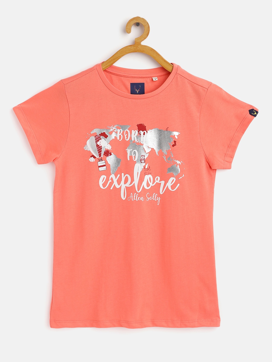 

Allen Solly Junior Girls Peach-Coloured & Grey Typography Print Cotton T-shirt
