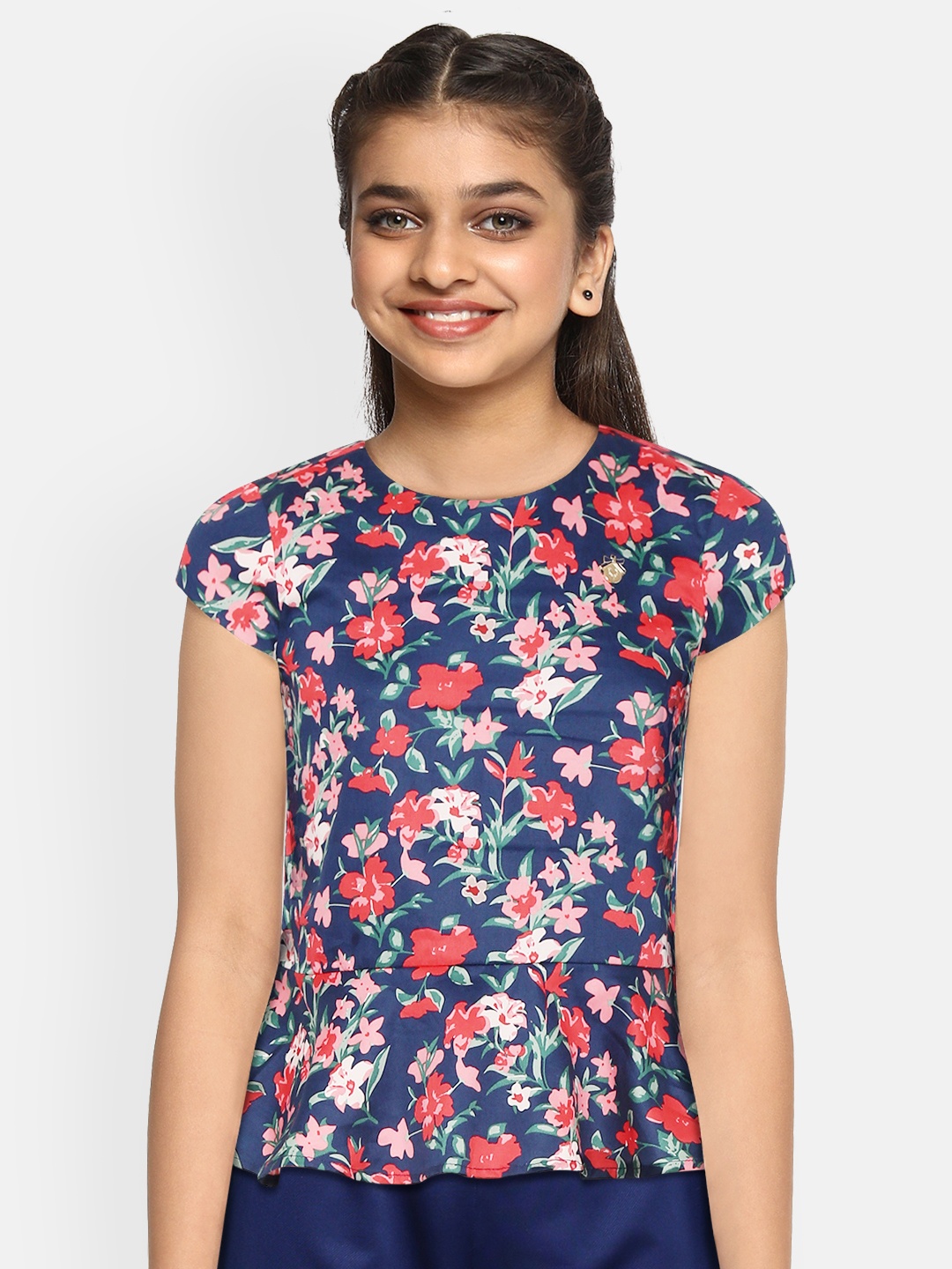 

Allen Solly Junior Girls Navy Blue & Pink Floral Print Pure Cotton Peplum Top