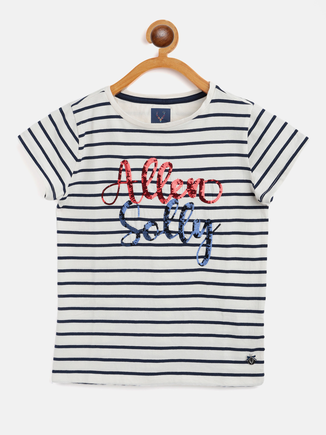 

Allen Solly Junior Girls White & Navy Blue Brand Logo Striped Applique Pure Cotton T-shirt
