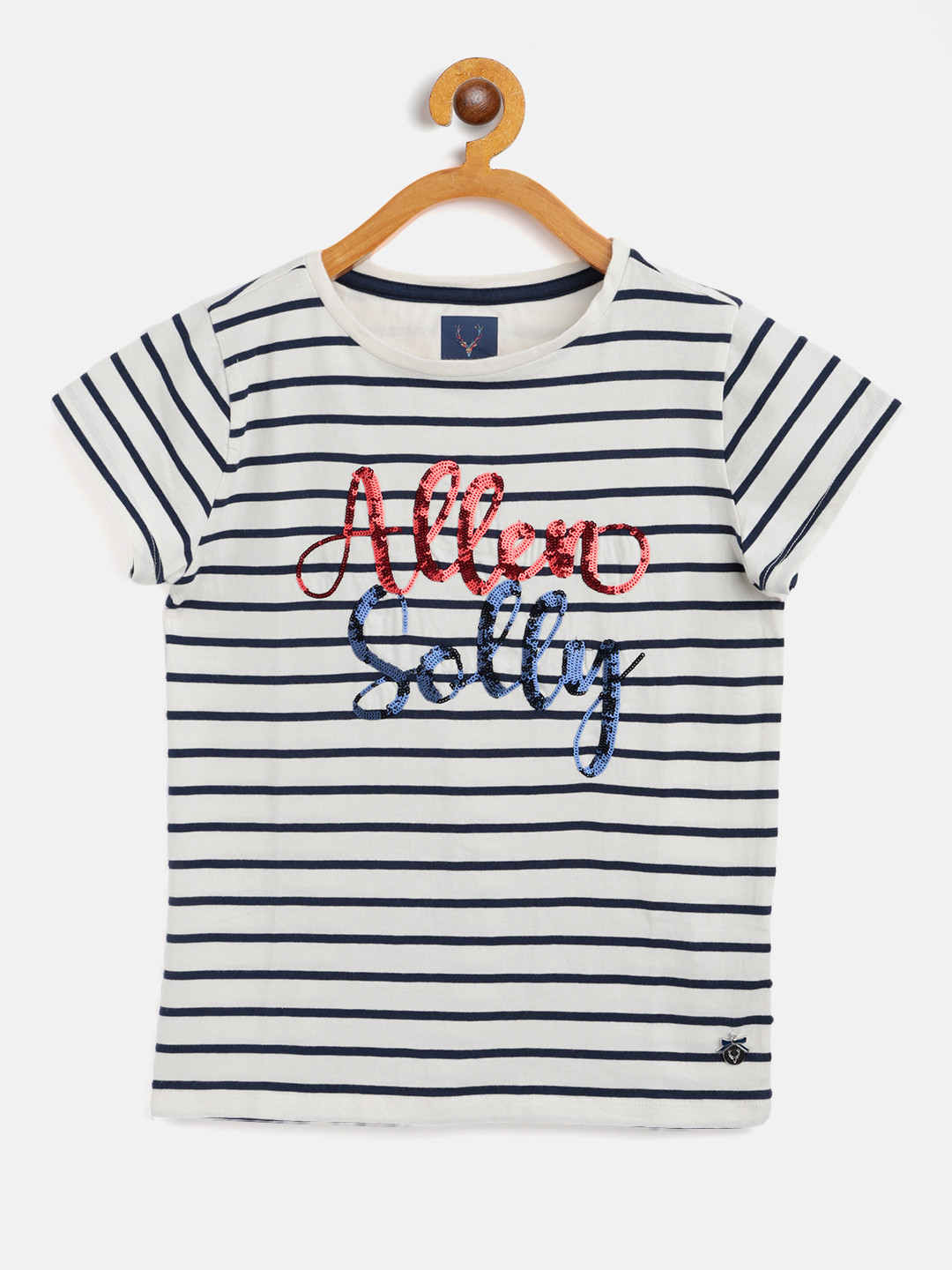 

Allen Solly Junior Girls Off White & Navy Blue Brand Logo Striped Applique Pure Cotton T-shirt