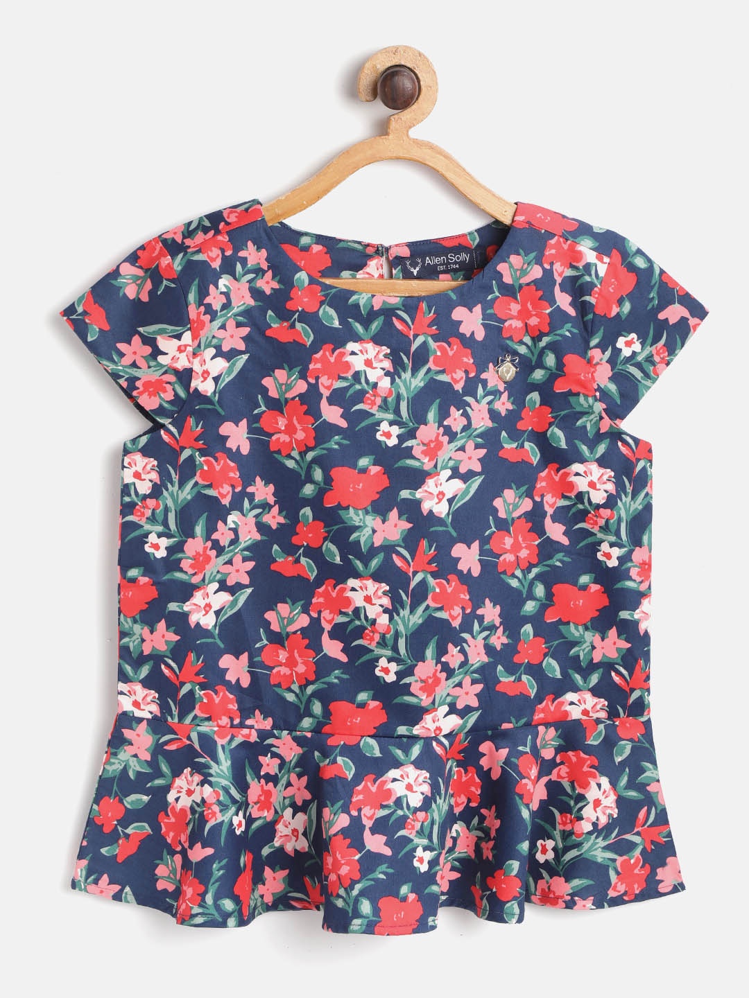 Allen Solly Junior Girls Navy Blue & Pink Floral Print Pure Cotton Peplum Top