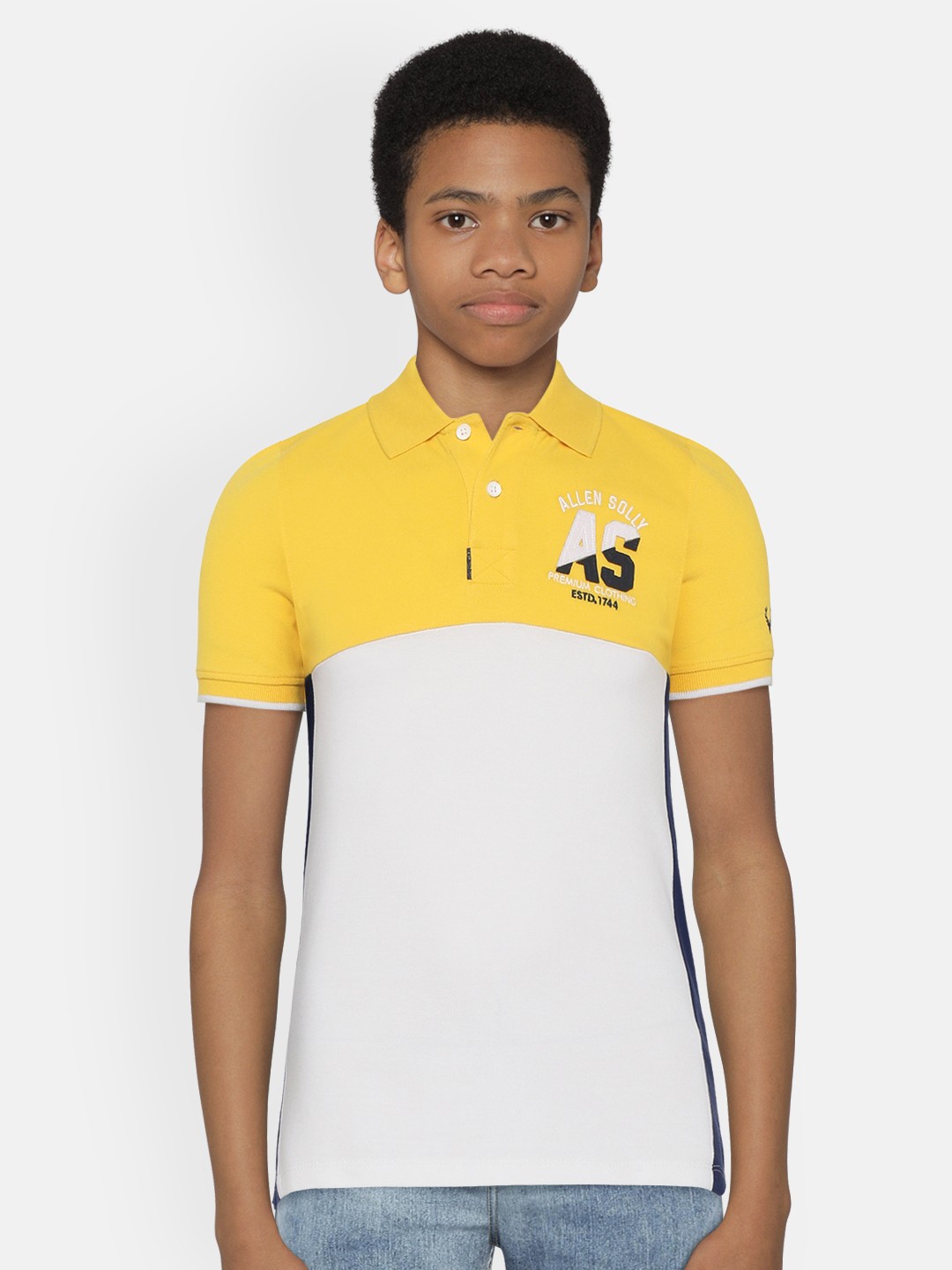

Allen Solly Junior Boys White & Yellow Colourblocked Polo Collar T-shirt