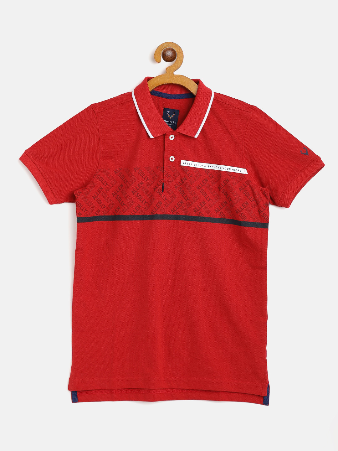 

Allen Solly Junior Boys Red & Black Brand Logo Printed Polo Collar Cotton T-shirt