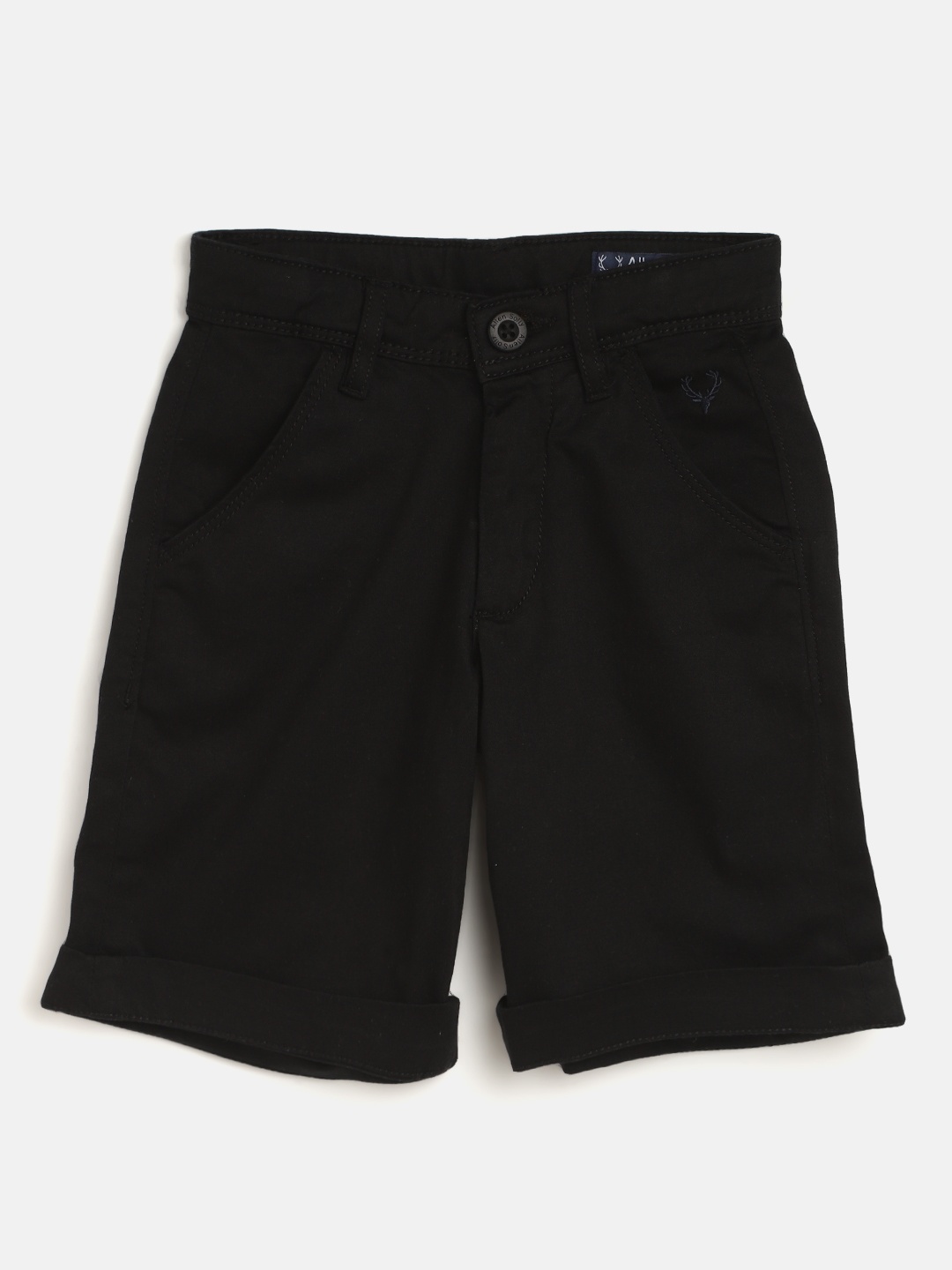 

Allen Solly Junior Boys Black Solid Pure Cotton Mid Rise Regular Shorts