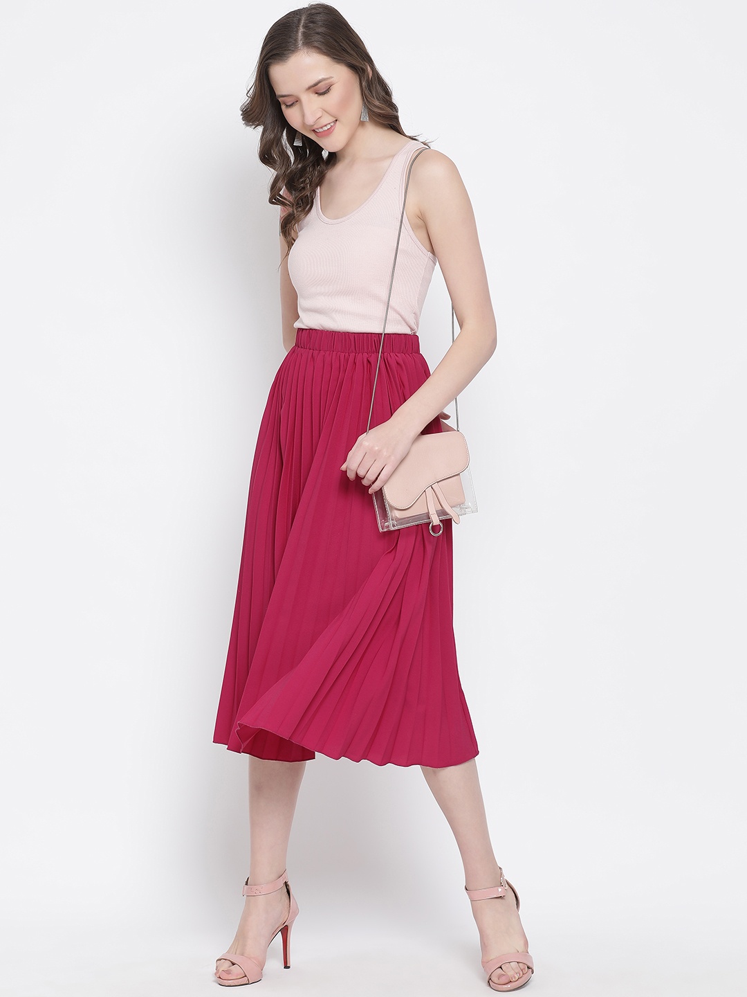 

Oxolloxo Women Pink Solid Accordion Pleated A-line Midi Skirt