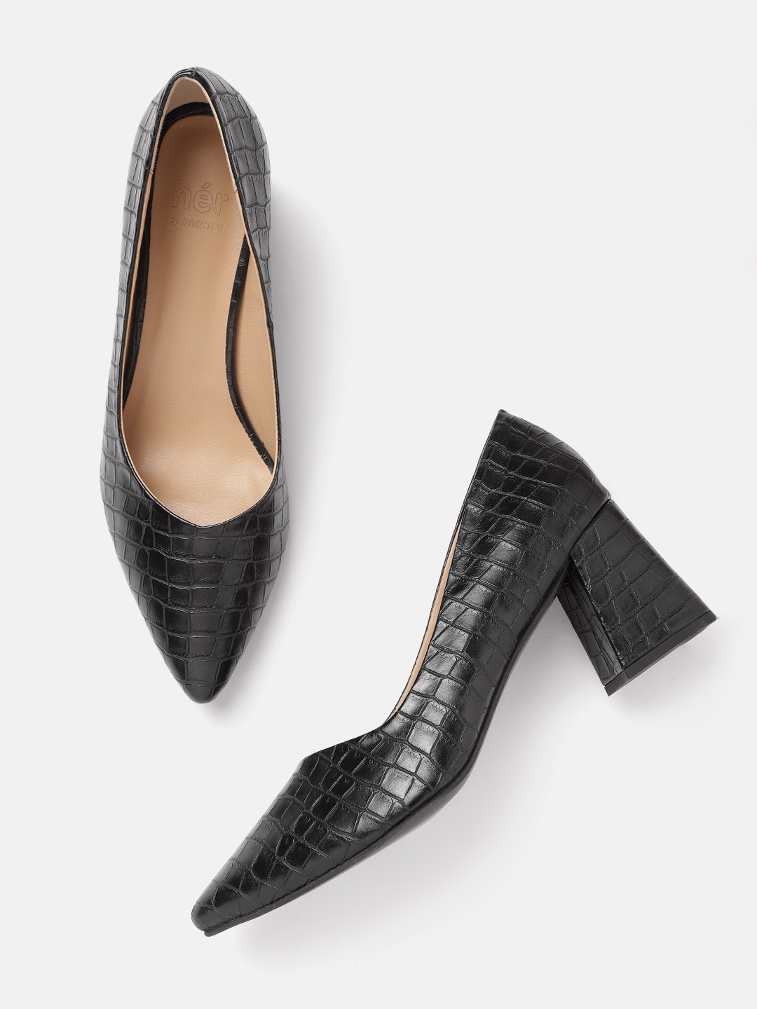 

her by invictus Women Black Croc-Textured Pumps