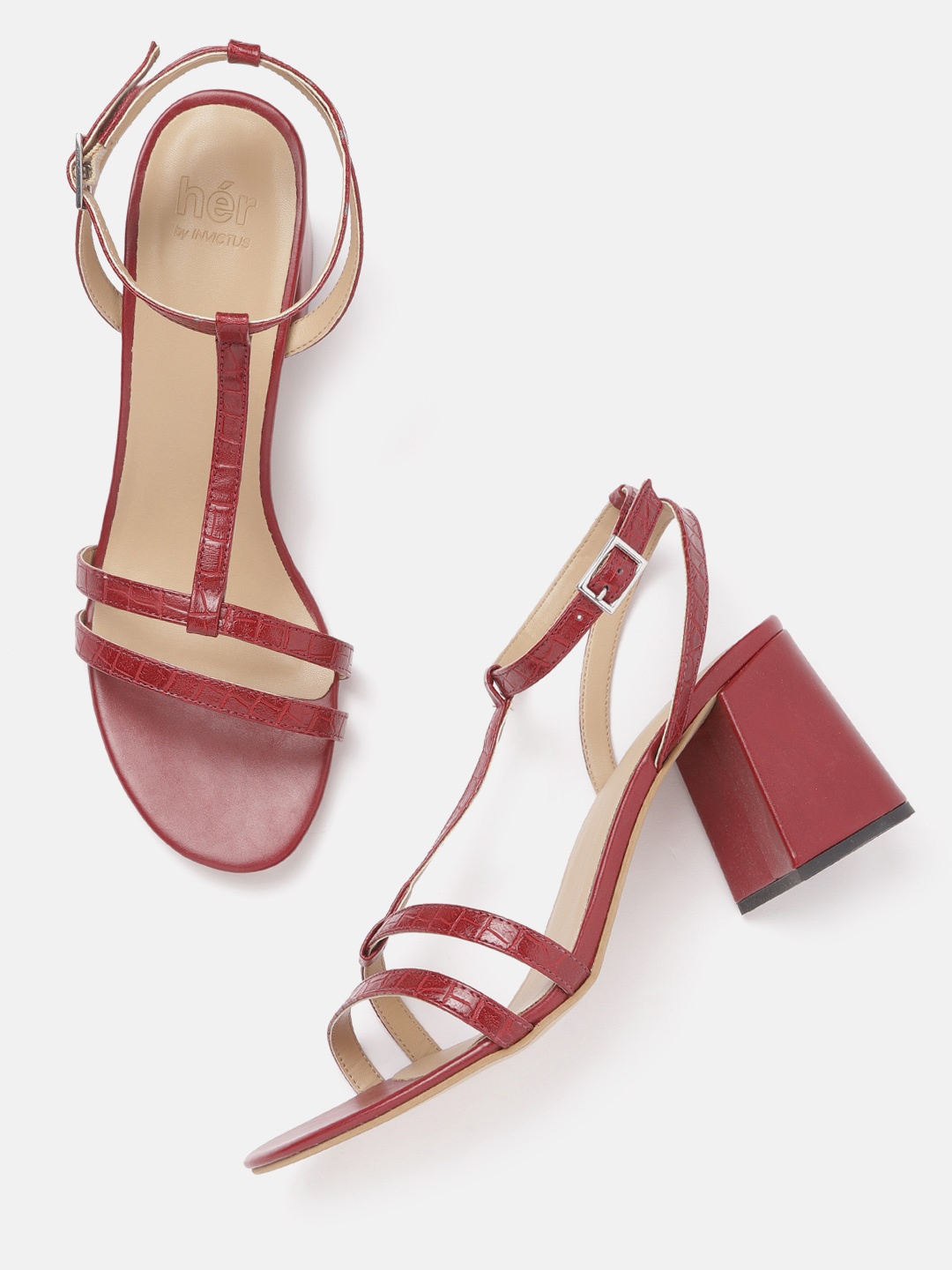 

her by invictus Women Maroon Croc Textured Block Heels