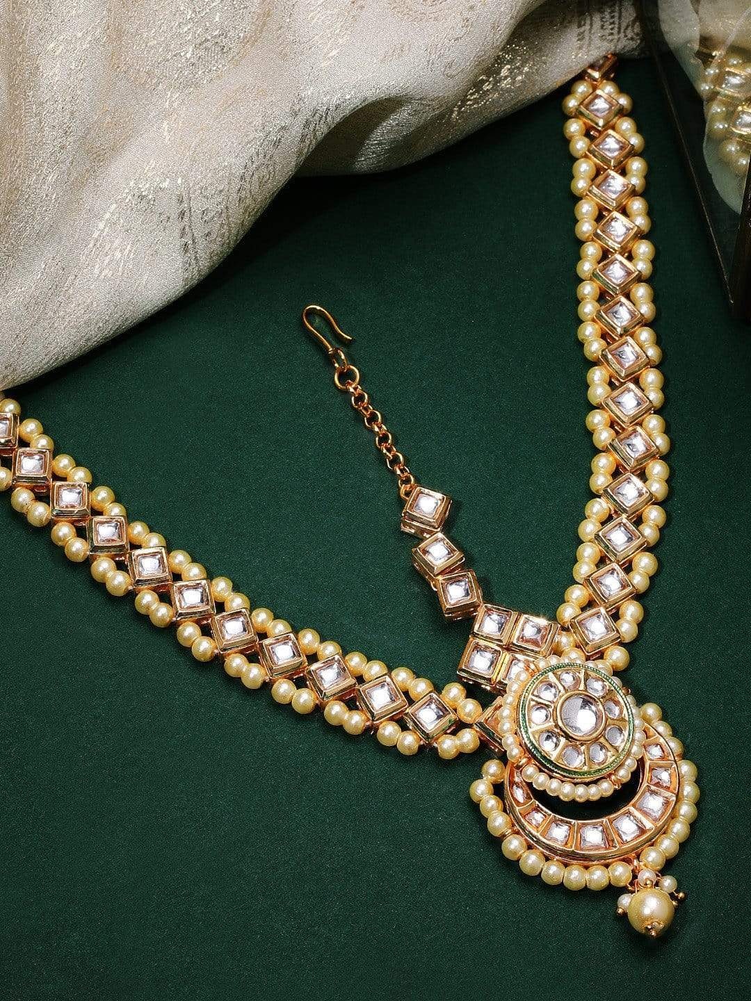 

Rubans Gold-Plated White Kundan-Studded & Beaded Handcrafted Matha Patti