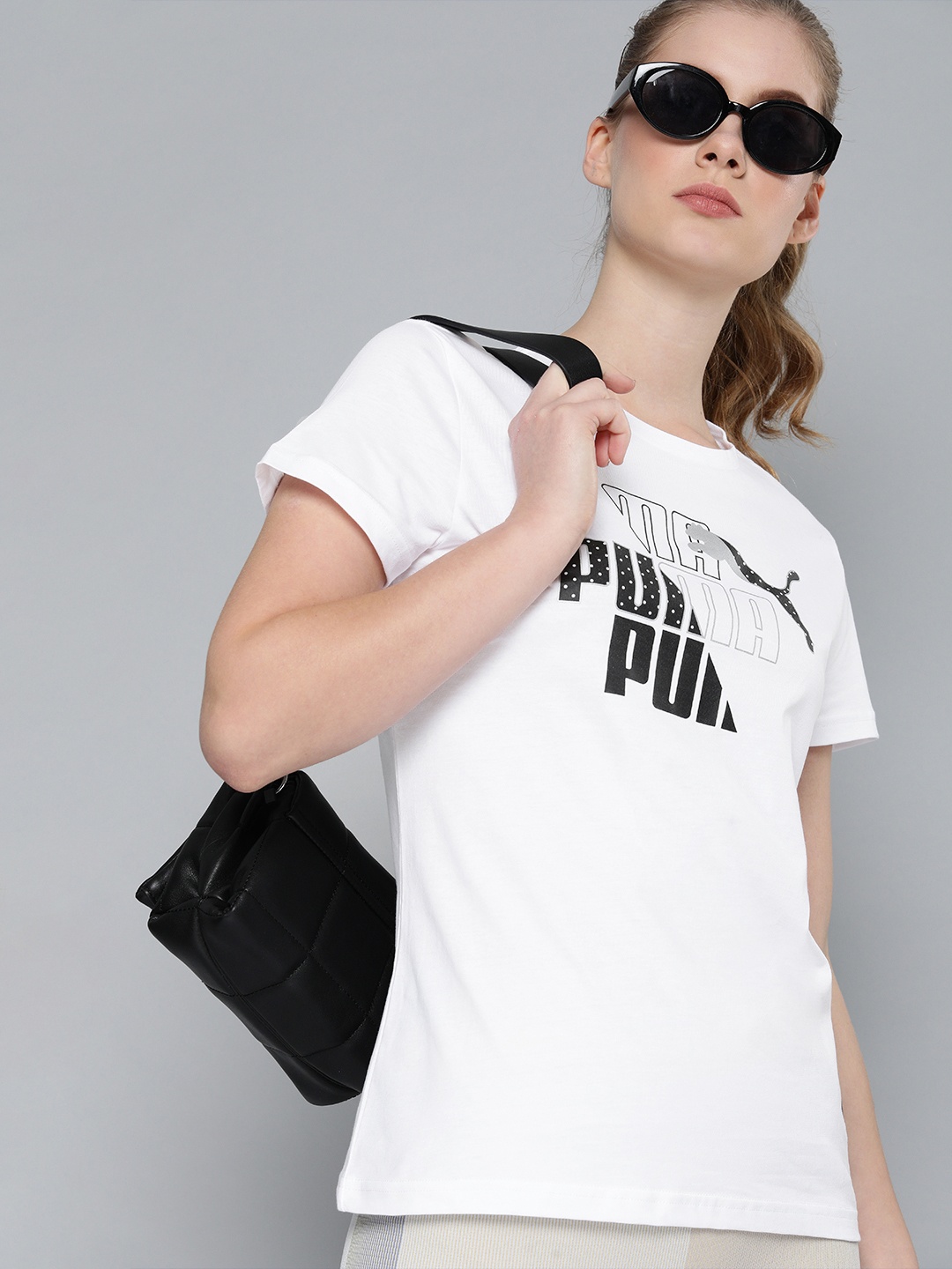 

Puma Women White Slim Fit Graphic Printed Round Neck Pure Cotton T-shirt
