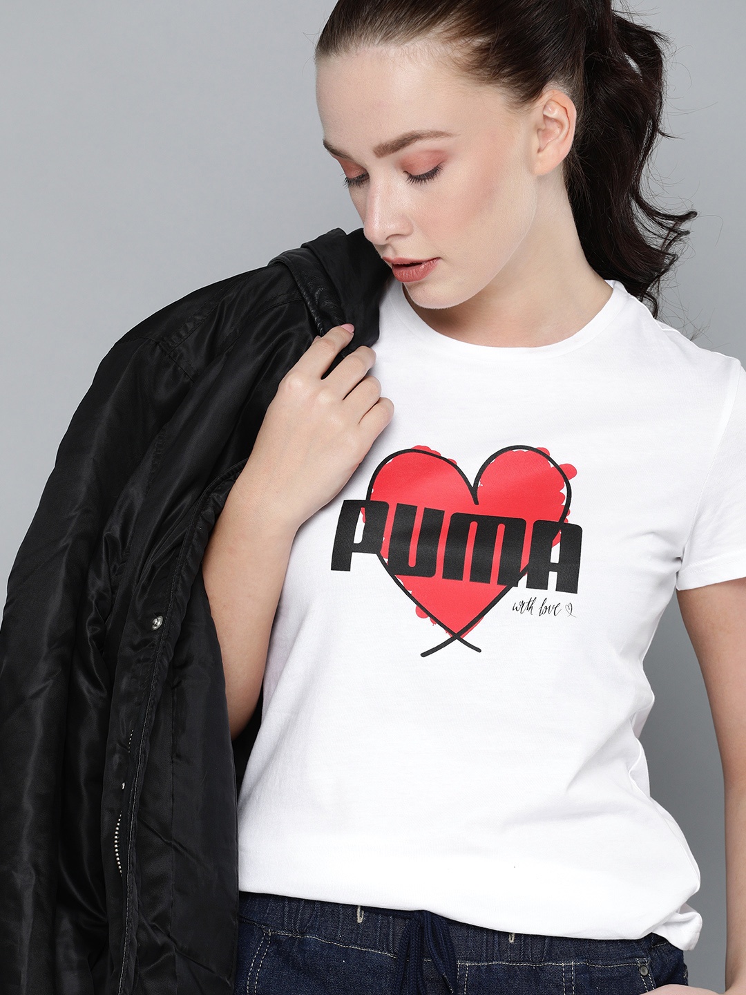 

Puma Women White Red Heart Printed Round Neck Pure Cotton T-shirt