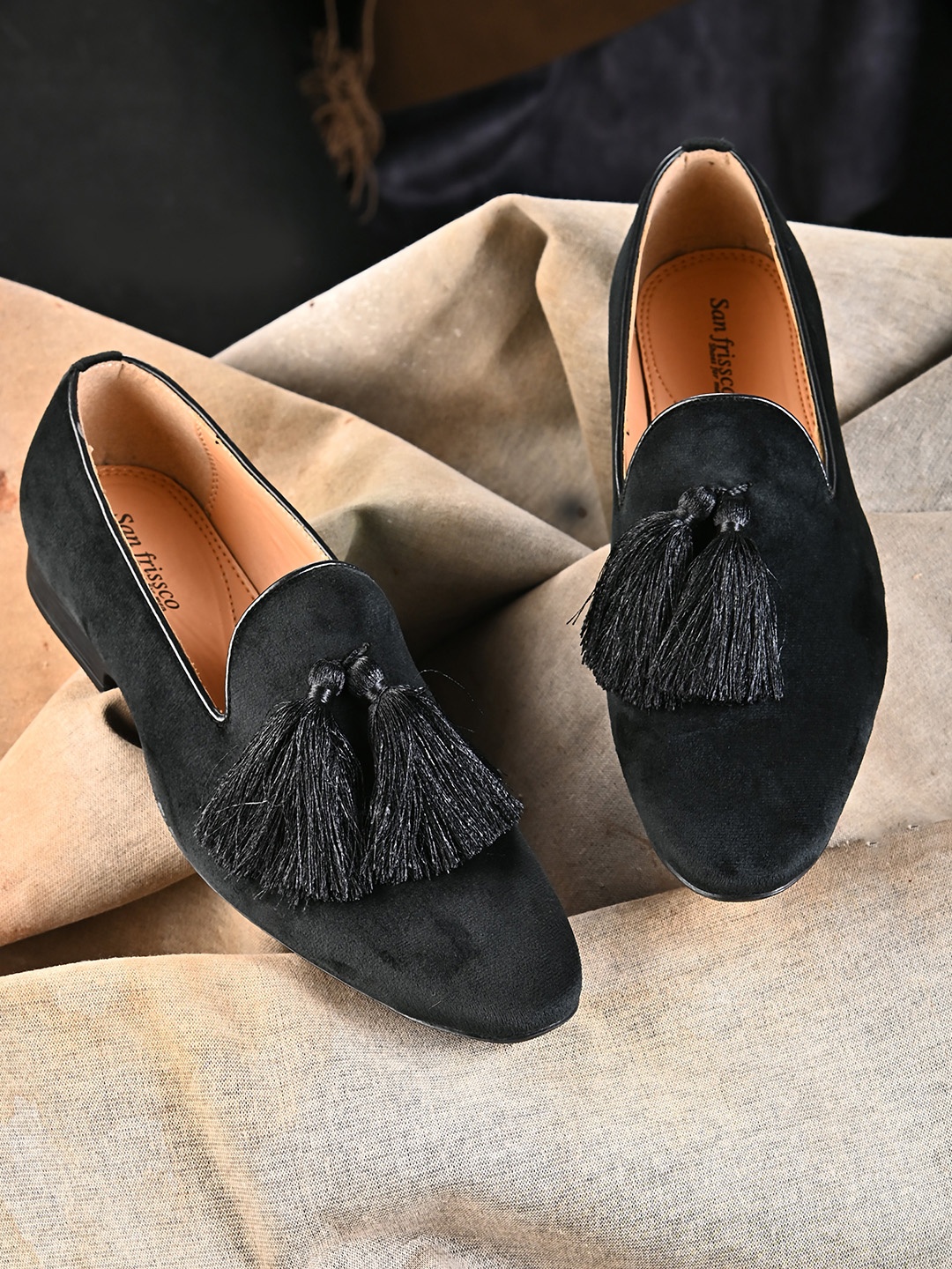 

San Frissco Men Black Velvet Tassel Loafers