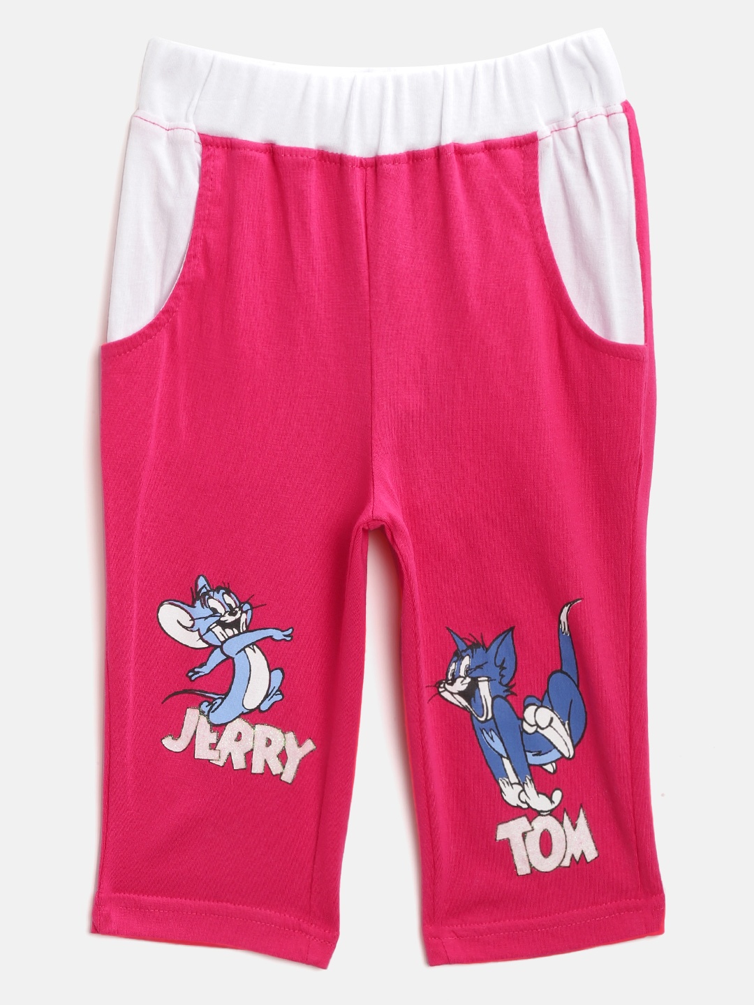 

toothless Girls Fuchsia & White Pure Cotton Tom & Jerry Printed Regular Fit Capris