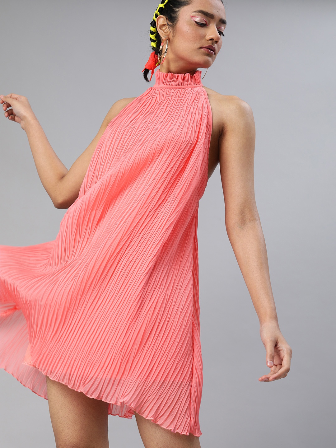 

KASSUALLY Women Pink Solid Accordion Pleated Racerback A-Line Dress