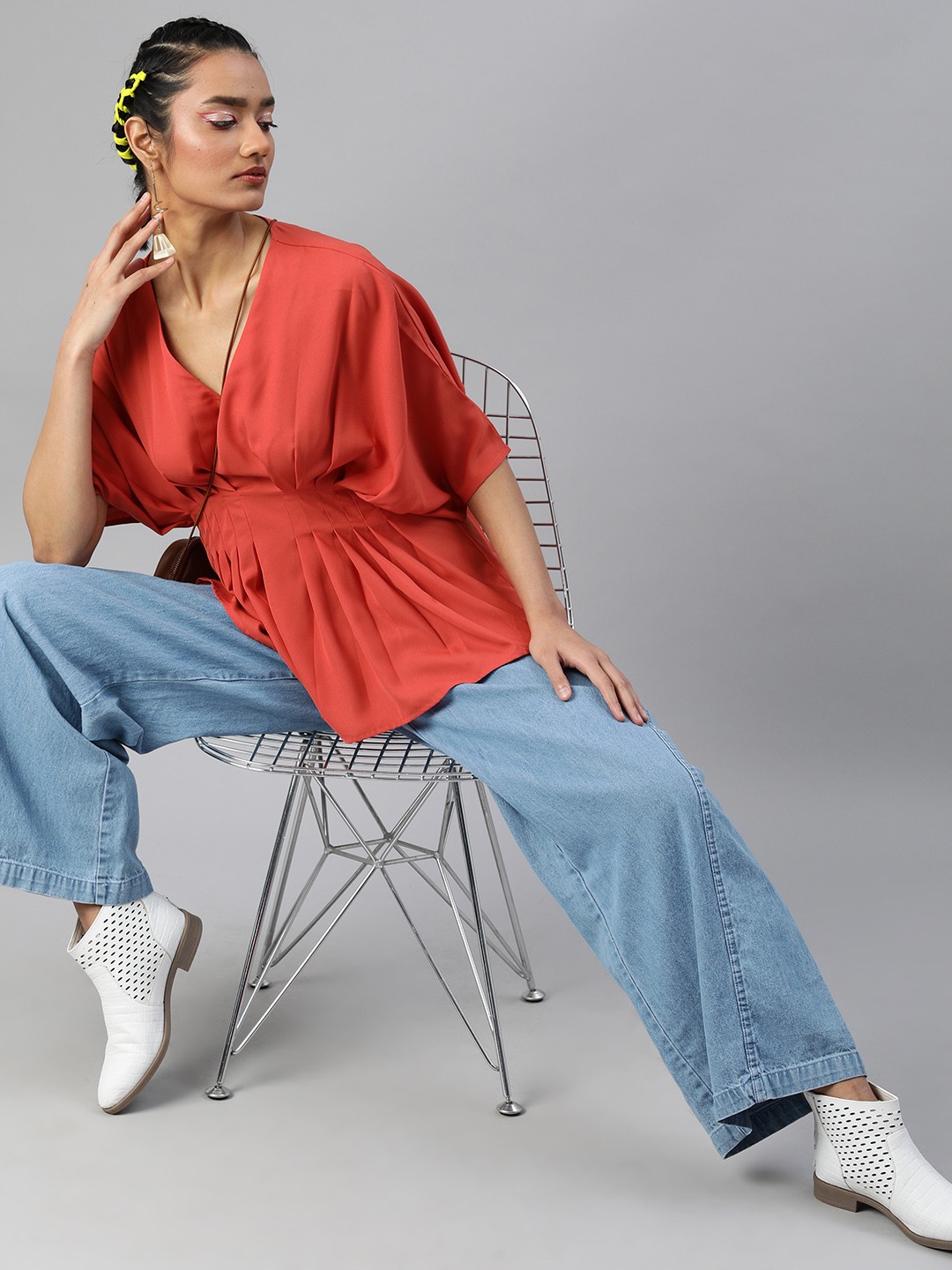 

Kassually Rust Orange Batwing Sleeves Pleated A-Line Top
