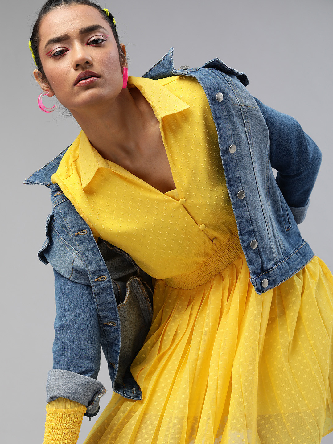 

KASSUALLY Women Yellow Self Design Accordion Pleated Dobby Fit and Flare Dress