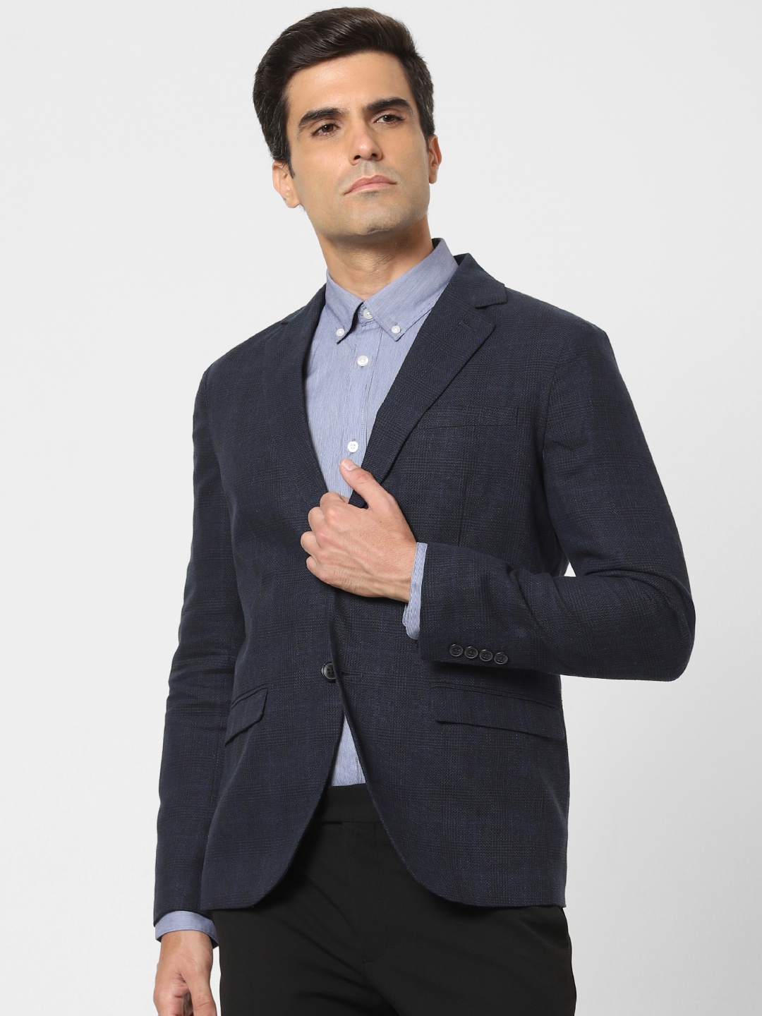 

SELECTED Navy Blue Self Checked Slim fit Single-Breasted Formal Blazer