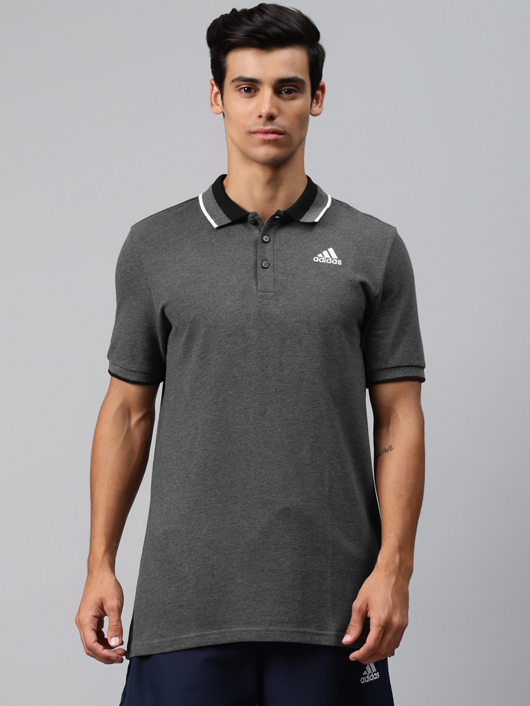 

ADIDAS Men Charcoal Grey ESS Core Polo Collar Solid Pure Cotton T-shirt