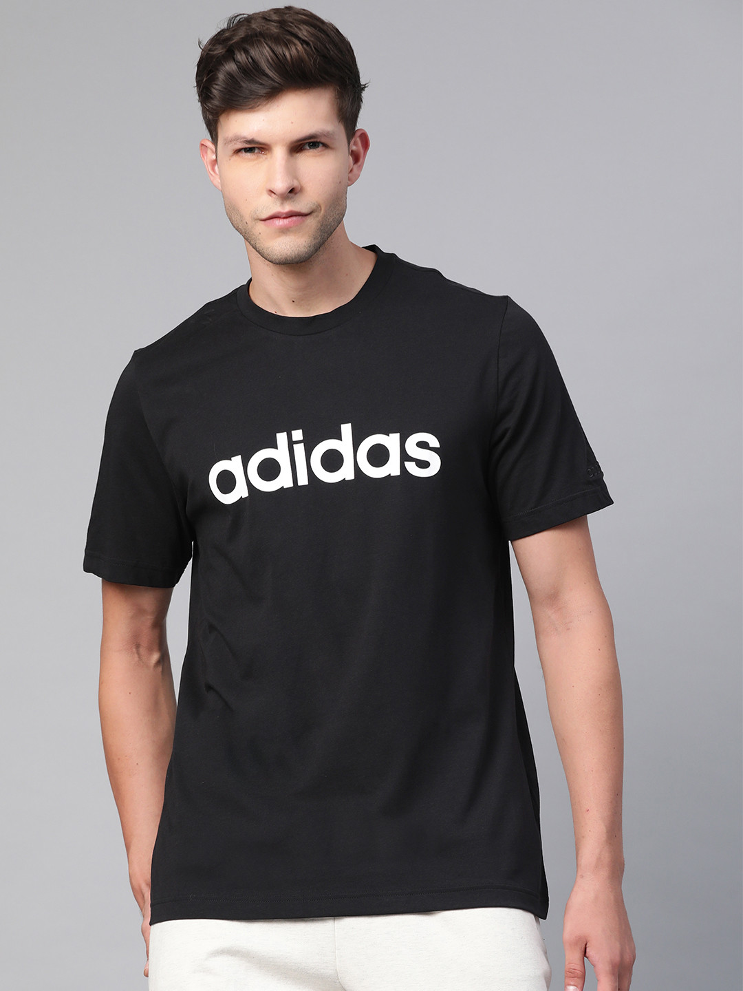 

ADIDAS Men Black Brand Logo INSPIRED LINEAR SJ Pure Cotton T-shirt