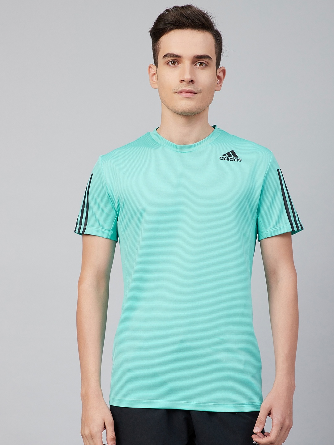 

ADIDAS Men Sea Green Self Striped Slim-Fit AERO3S Prime Blue Sustainable Training T-shirt