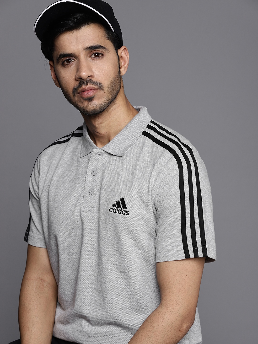 

ADIDAS Men Grey Melange Striped Polo Collar T-shirt