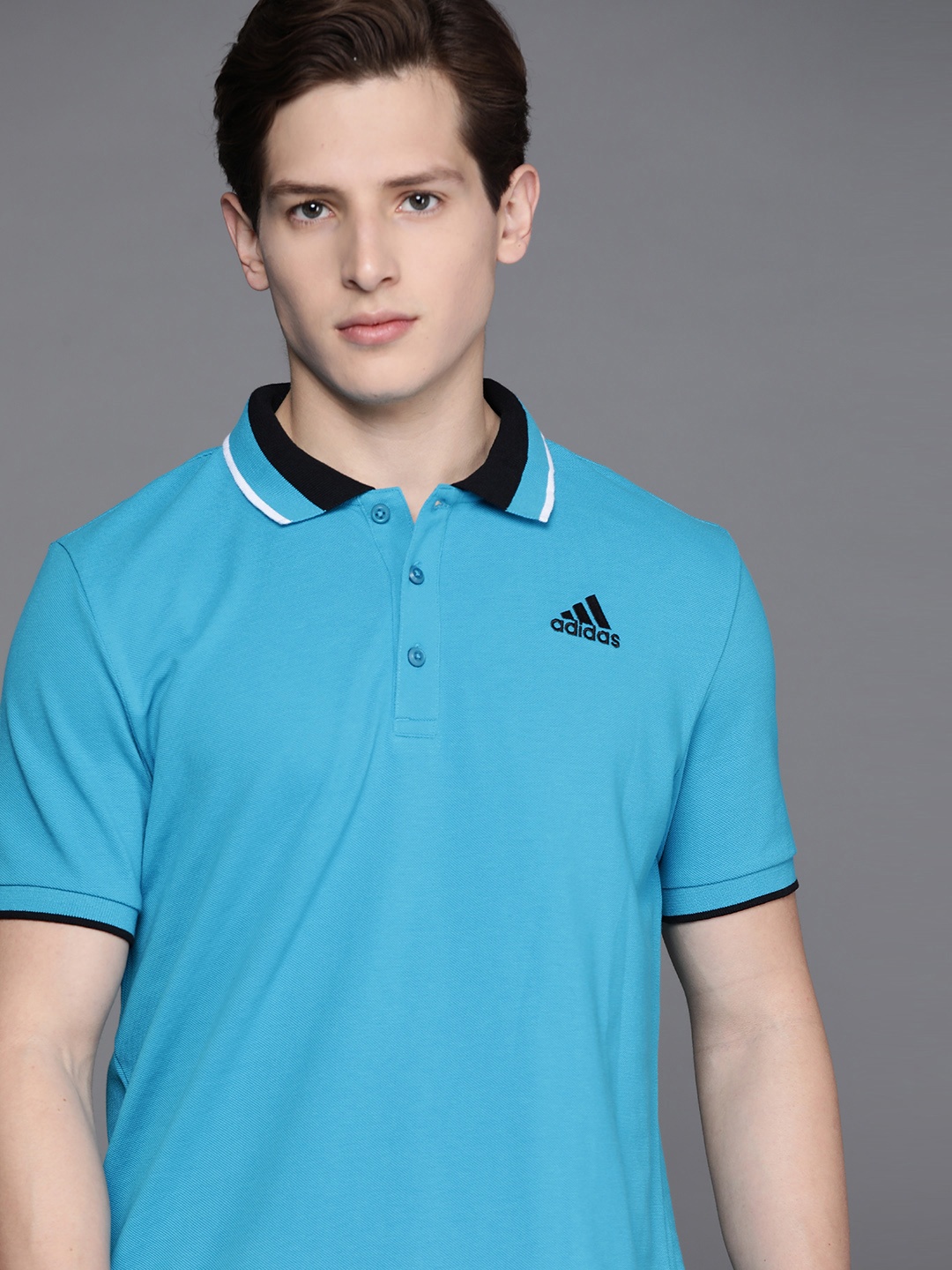 

ADIDAS Men Blue Brand Logo Detail Essentials Core Polo Pure Cotton Training T-shirt