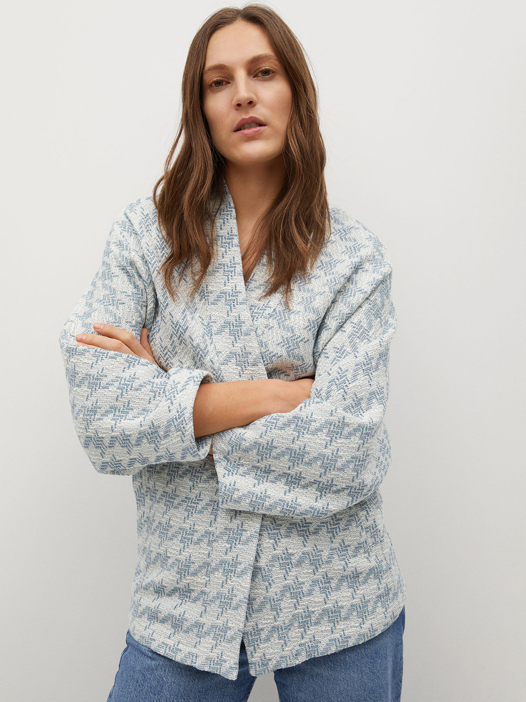 

MANGO Women Blue White Houndstooth Checked Open Front Jacket