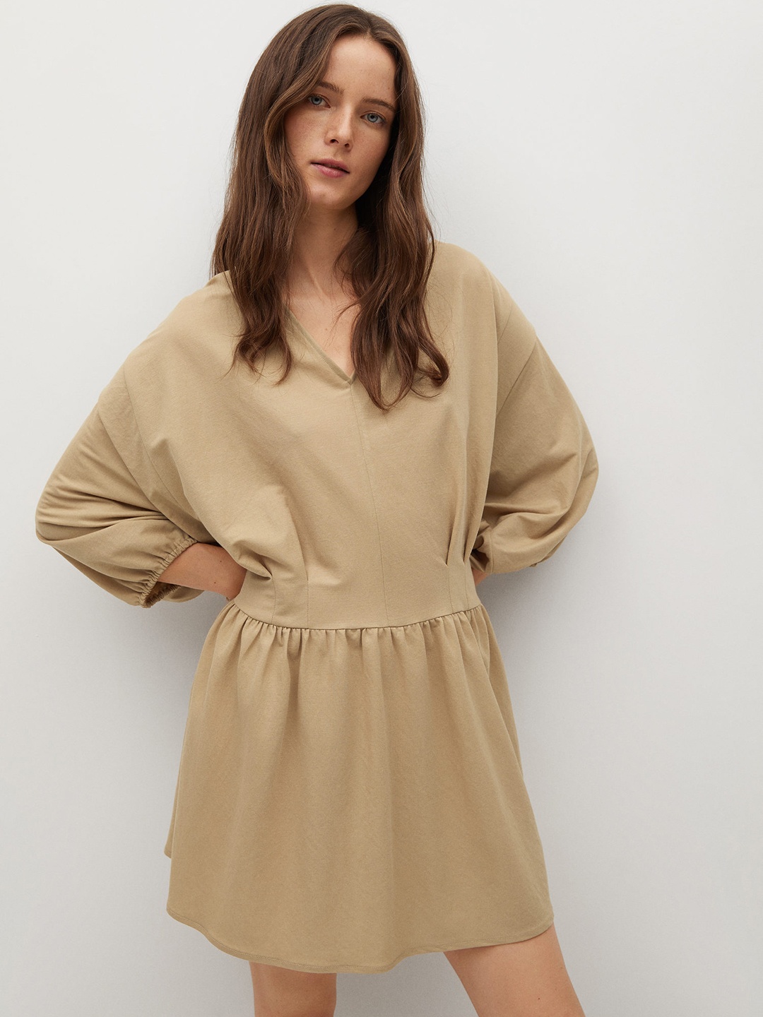 

MANGO Women Beige Solid A-Line Sustainable Dress With Puff Sleeves