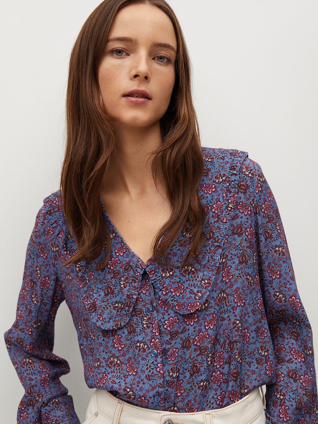 

Mango Purple & Magenta EcoVero Floral Printed Shirt Style Top