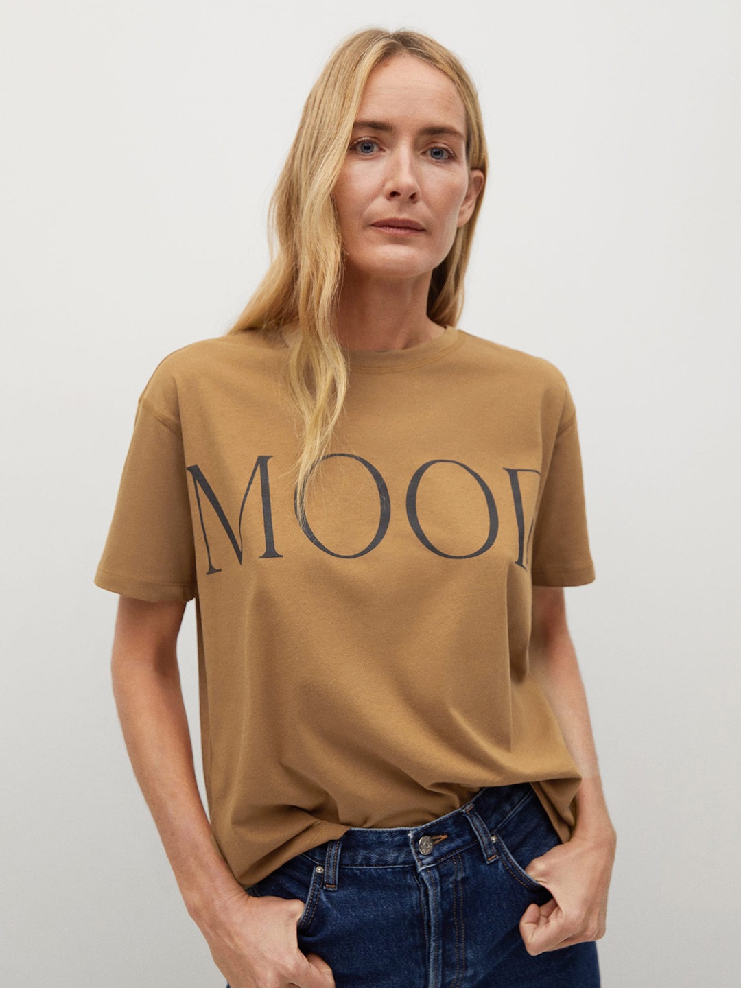 

MANGO Women Brown Printed Round Neck Organic Cotton T-shirt