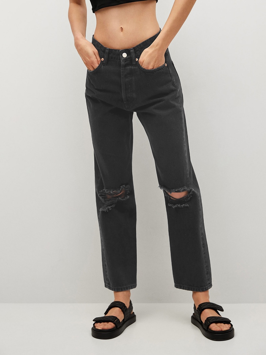 

MANGO Women Black Pure Cotton Straight Fit High-Rise Slash Knee Jeans