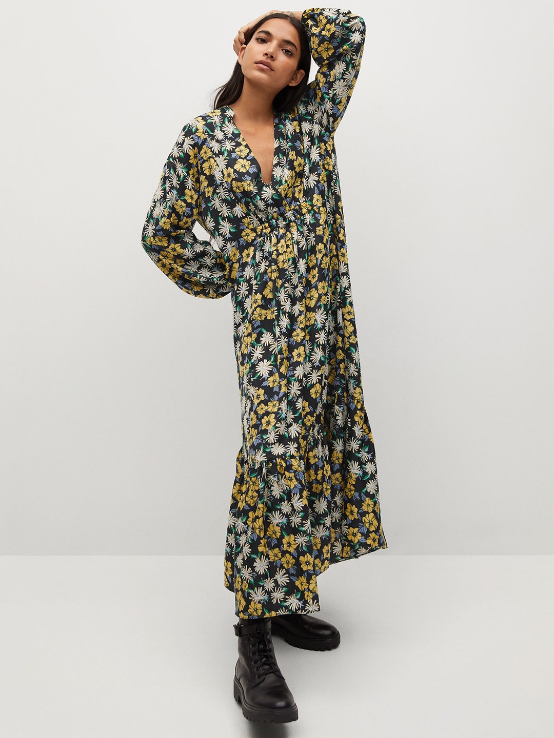 

MANGO Women Black & Yellow Floral Print Maxi Dress