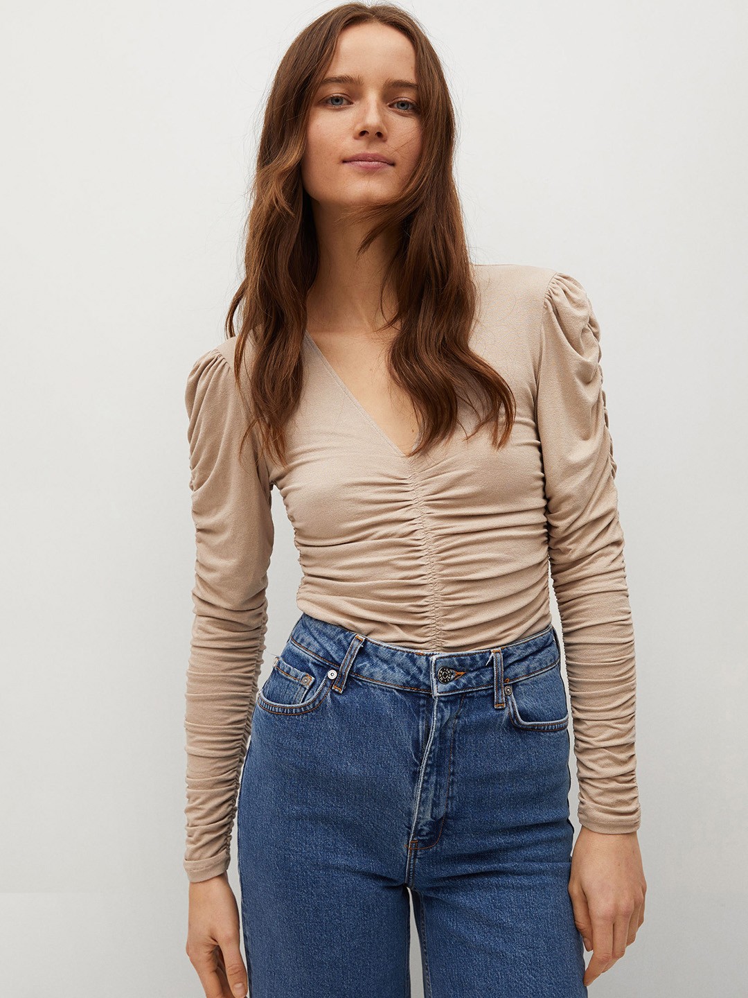

MANGO Women Beige Puff Sleeves Ruching Fitted Top