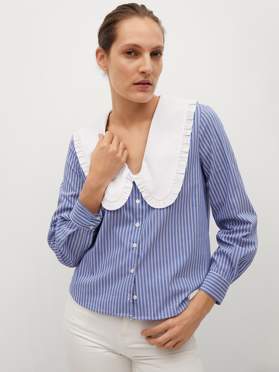 

Mango Blue & White Striped Peter Pan Collar Shirt Style Top