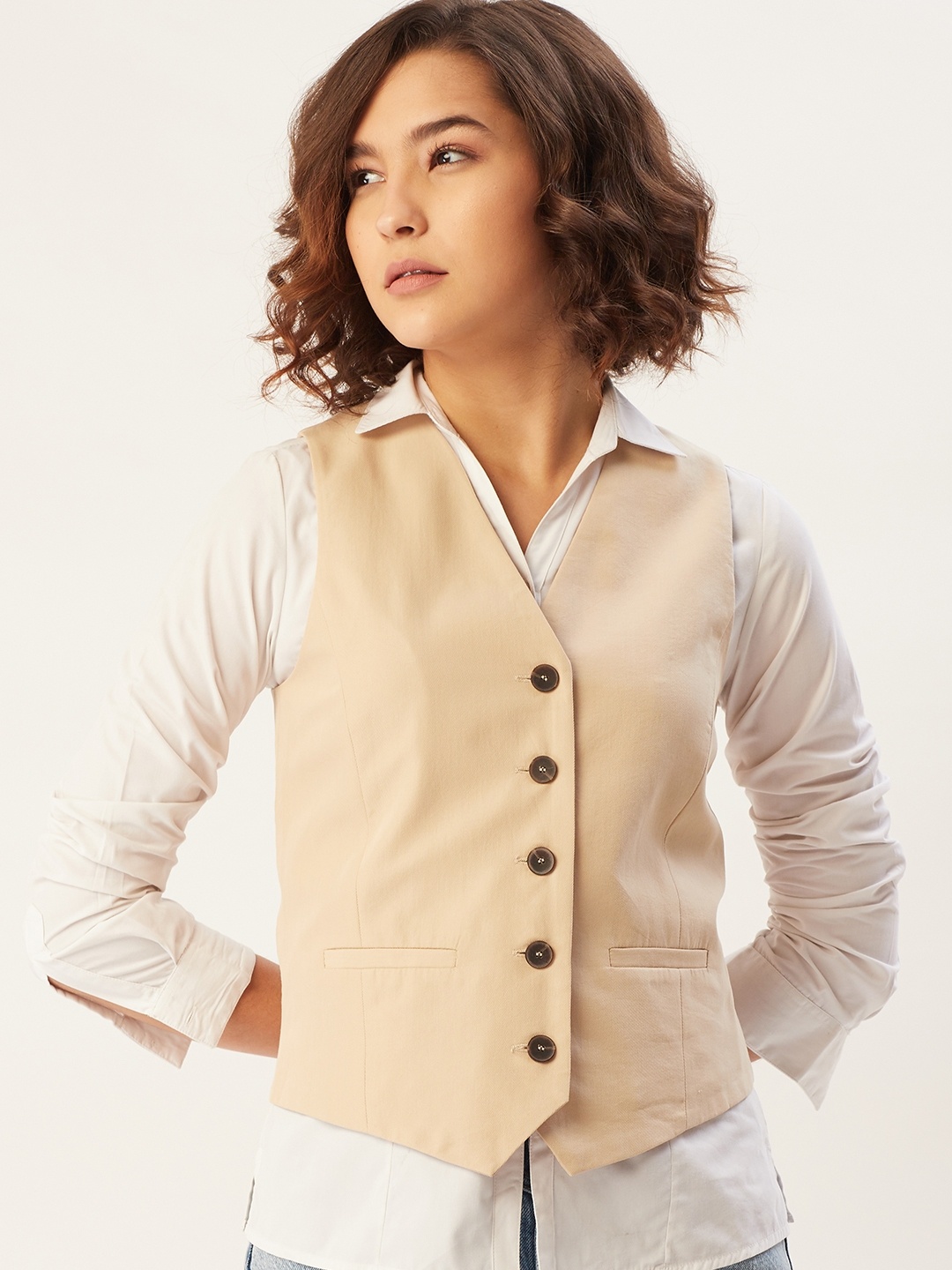 

MANGO Women Beige Solid Sustainable Waistcoat