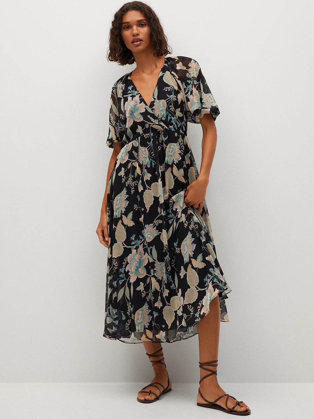 

MANGO Women Black & Off-White Floral Print Midi Wrap Dress